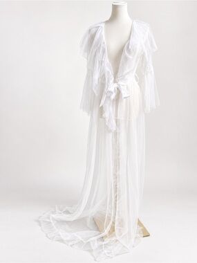New White Bridal Tulle Robe Sheer Long Wedding Getting Ready Robe Satin Tie s/m